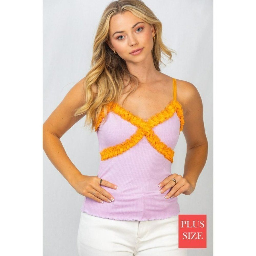 SALE! WHITE BIRCH Lilac Orange Ruffle Spaghetti Strap Top Lettuce Edge T23463P